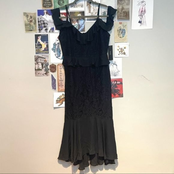 LULUS DANCE OF ROMANCE BLACK LACE COLD SHOULDER MIDI RUFFLE FLOUNCE FITTED DRESS - Picture 5 of 11